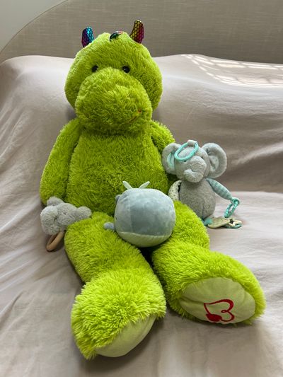 H&M home , pottery barn, Kelly Toy Cute elephant, green plush dragon, dolphin and teething toy