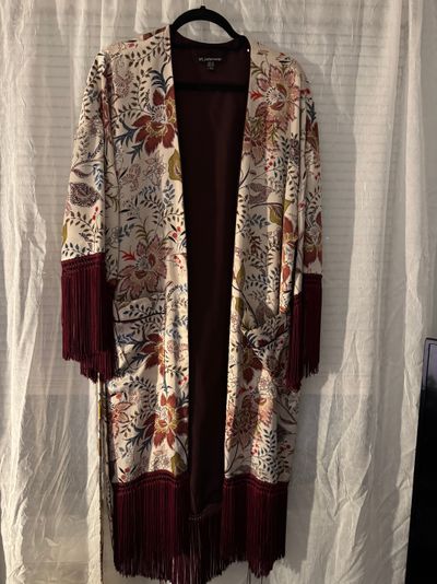 trf_ Outerwear -Like NEW Cream Multi Colored Belt Tie Coverup w/ Frindges Women's - M