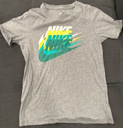 Nike Gray Nike tshirt short sleeve with yellow, green nike lettering 7-8