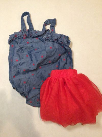 Cat & Jack 4th of July set Denim romper with stars and matching red tutu 6-9 Months
