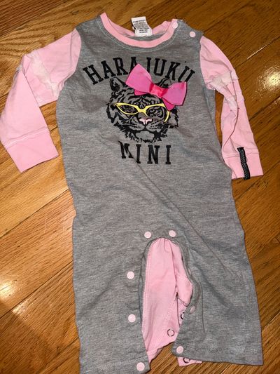 Harajuku Mini L/s pink and grey tiger one piece outfit 9 Months