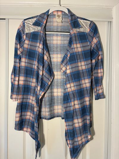 Self-esteem Blue and pink 3/4 sleeve plaid shirt Women's - L