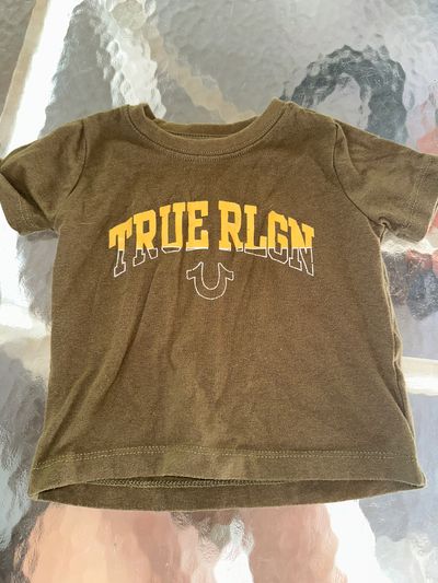 True Religion olive green short sleeve tee with yellow logo 12 Months