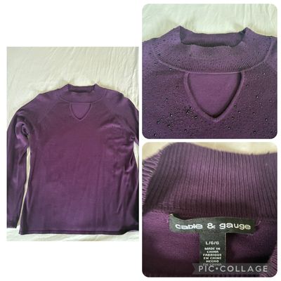 Cable & Gauge purple fitted sweater elegant Open v neck w stone design long sleeve Women's - L