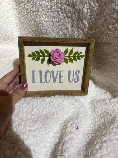 Designs by Kathy I love us small wooden sign with felt rosette