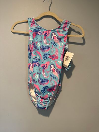 Destira CXL 12-14 NEW ret:45.00 leotard Light blue Mermaid, dolphins scrunchie 14-16