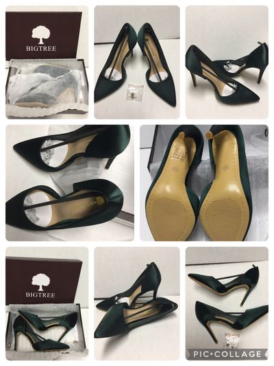 NewBigTree emerald green satin stiletto 3.5in heel NEW in box/never worn/dust covers/extra heel tips sz 5/5.5 5-1/2 (Adult)