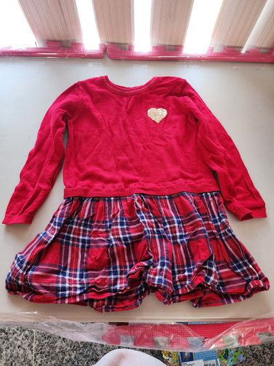 H&M red sweater dress with a plaid skirt and a gold heart 2T