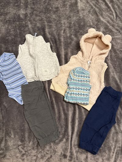 Carters Fall blue outfit bundle Vests with two sets of onesies and pants 0-3 Months
