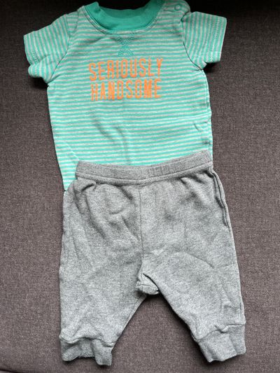seriously handsome onesie and grey pants  0-3 Months