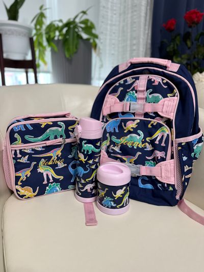 Personalized  Jeanie Pottery Barn Dino Includes: Backpack, Lunchbox, Waterbottle, Snack Container