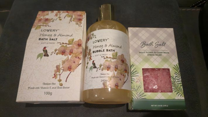 Lot of 3 bath salts/bubble bath - New 2 honey almond scented and 1 holly floral scent