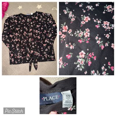 The Place Black sweater with flowers and tie bottom 7-8