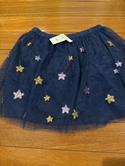 Brand new J.Crew crew cuts extra large blue navy Stars sequin skirt with tulle overlay 14-16