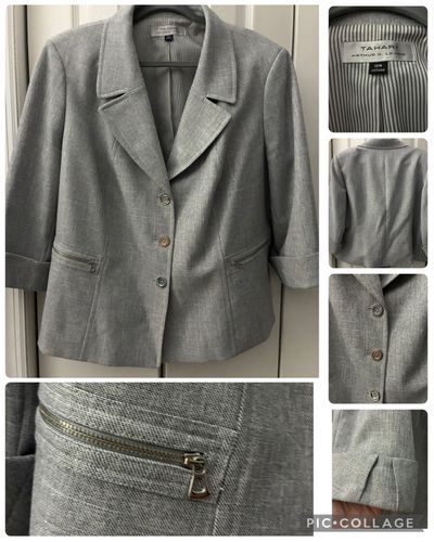Tahari Arthur Levine designer blazer $89 retail Grey w silver zipper pockets & buttons 3/4 wide sleeve Women's XXL 18