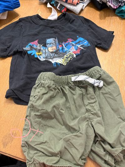 Various Batman t shirt with green shorts 2T