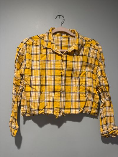 Wonder Nation L/S cropped flannel shirt, yellow, black white plaid 14-16