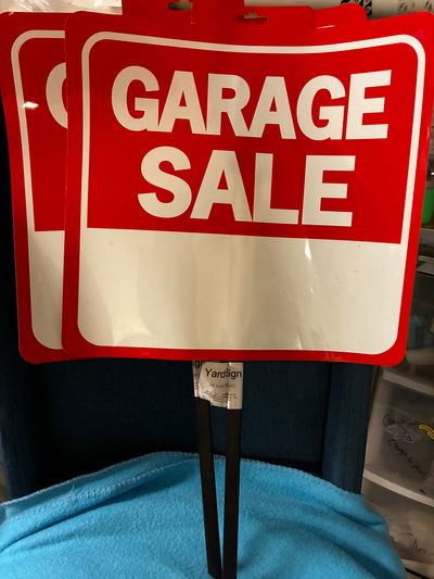 NEW 2 plastic garage sale signs with yard stake Laminated sign 15wide.x 14 high 26 inch high  w stake