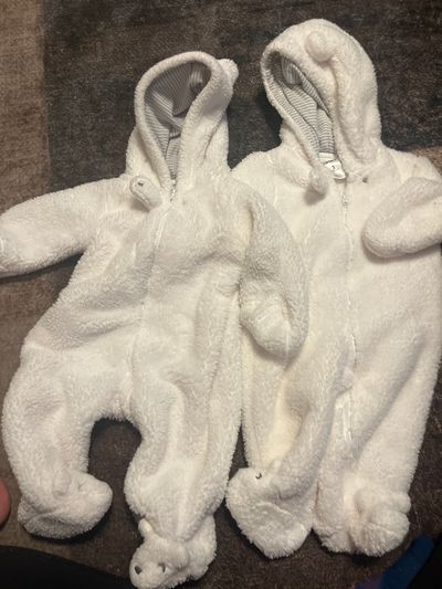 Carters white fleece bear onesie Footed. Great for winter or twins. Two of the same. 3 Months