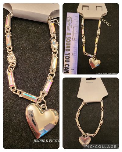 Bracelet with hanging heart Fake silver bracelet w/heart and fake stones