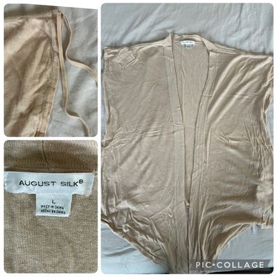 August silk open front light sweater top Tan light open front top w scrunch shoulder detail Women's - L