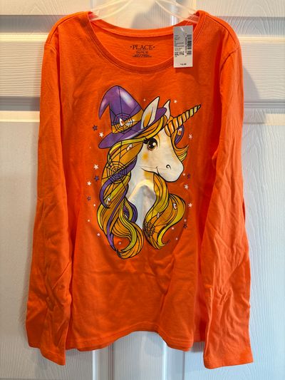 The Childrens Place BNWT size XXL/16 long sleeve orange unicorn Halloween shirt 14-16