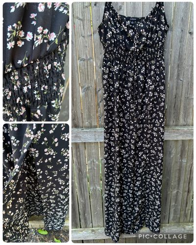 Ambiance long dress w spaghetti straps & slit Black w delicate pink flowers touched under bust Junior S - 2
