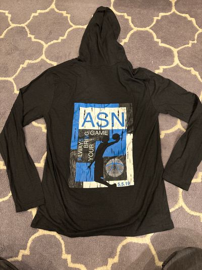 District 7 Black long sleeve tee w hoodie shows back logo Men's - M