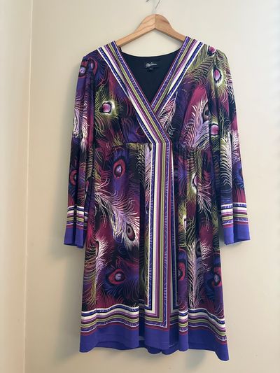 Oleg Cassini Purple/Green Silky Peacock Dress Women's 6