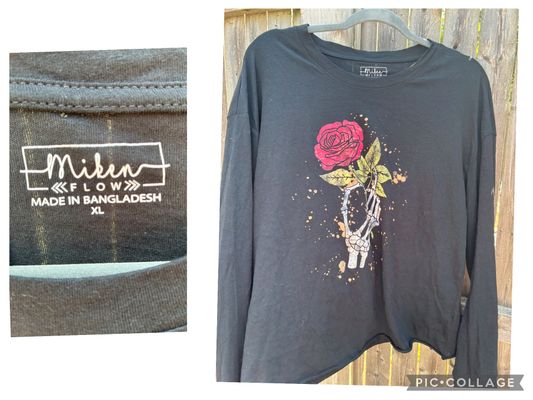 Miken flow black cotton LS tee w skeleton hand Cotton black LS loose fit tee w skeleton rose hand Junior XL - 11