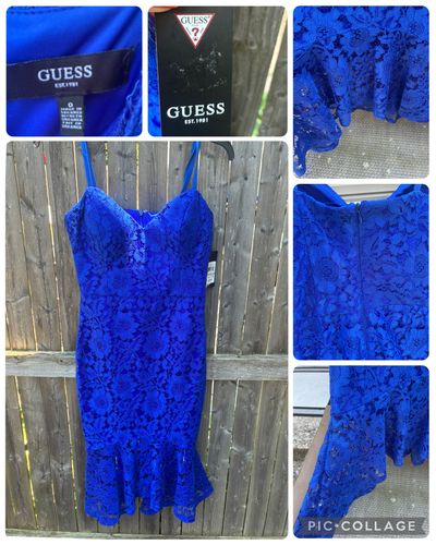 NEW W TAGS GUESS EVENING WEAR Royal blue cocktail dress w lace overlay fishtail hem Junior XS - 0