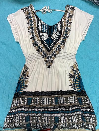 J&W easy wear dress w cinched waist Cream dress w grey Blk teal & tan print Women's - M