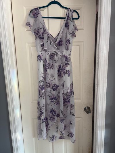 Charlotte Russe white dress purple flowers sheer overlay mini underneath Junior S - 3
