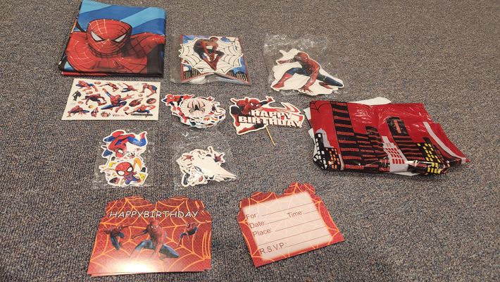Spider Man Birthday decor 5 invites, banner, tablecloth, HB sign, tattoos, stickers, topper
