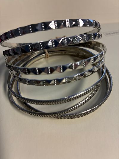 Stackable bangle bracelet set of 8 Wide wrist 8inch Mixed Silver tones 3 designs