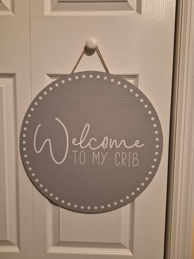 "Welcome to my crib" nursery decor 18 inches across great condition wood sign