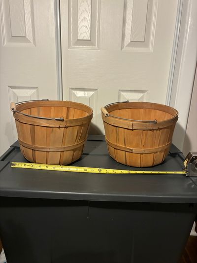 Unknown 2-pack, wooden baskets, approximately 11in diameter, 8in deep