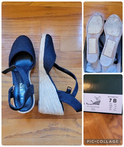 Ralph lauren Navy Blue denim wedge espadrille, ankle strap with buckle 7 (Adult)