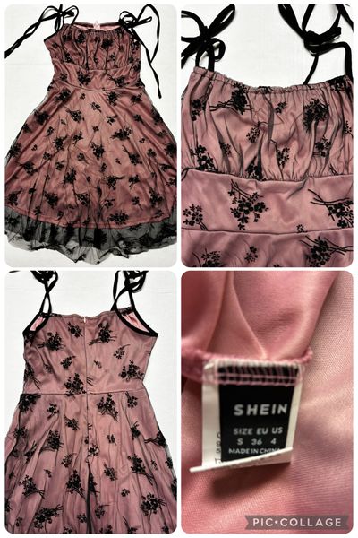 SHEIN pink w black lace overlay & tie shoulders Pink shoulder strap dress w black lace overlay Junior S - 2