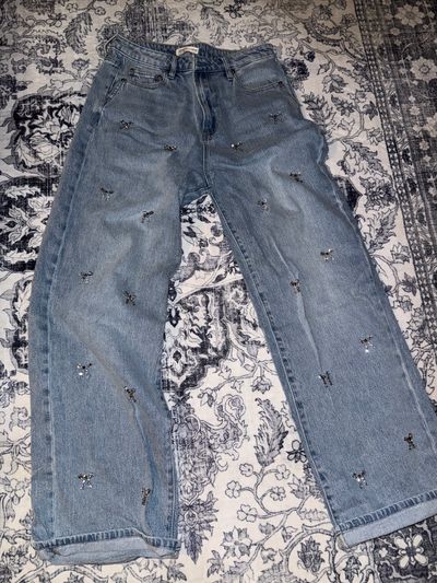 OAT Rhinestone bow light wash wide leg jeans Women's 10