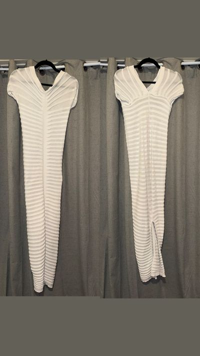 Cap sleeve ribbed, sheer white sweater dress with Back split Women's - L