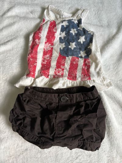Carters and genuine kids Flag shirt and brown shorts 12 Months