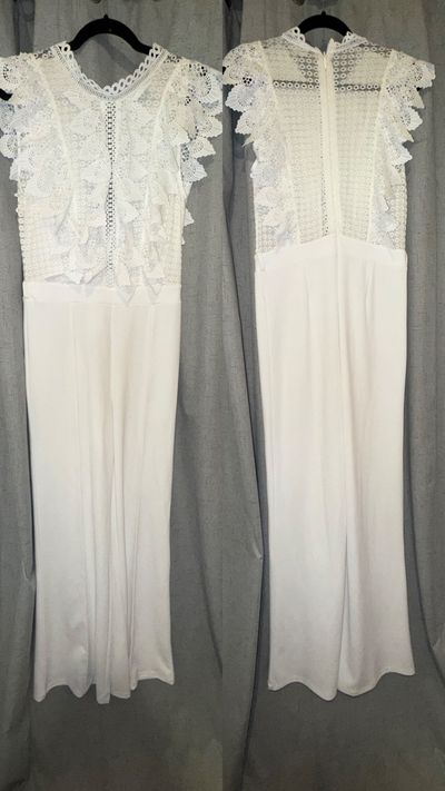 White lace top jumpsuit with zipper back  Women's - L