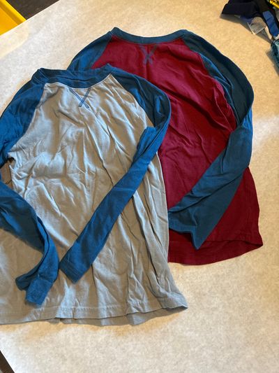 Jumping beans size 7 long sleeve shirts 2 set - 1 burgundy and blue/ 1 gray and blue 7-8
