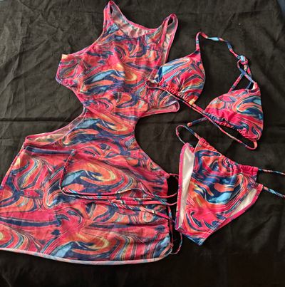 Fashion Nova Multi Colored Bikini Swimwear w/ Coverup Junior M - 4