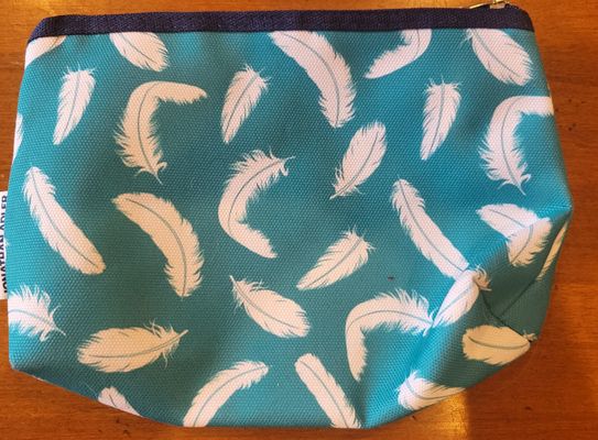 Clinique NEW Turq makeup purse with white feathers zipper close