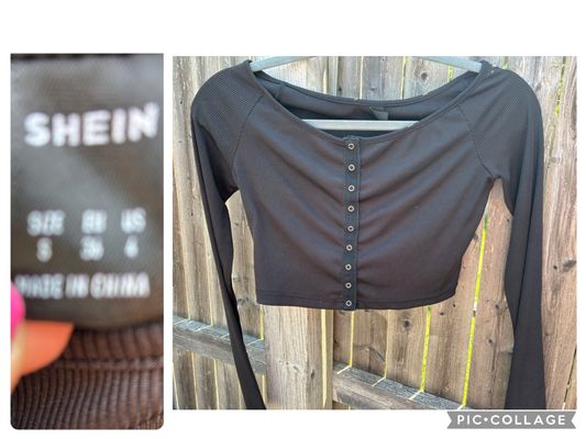 Shein black ribbed snap front crop top Black stretch long sleeve crop top w snap detail Junior S - 3