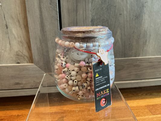 Jewelry Made By Me New glass jar of pink/white beads and string for bracelets