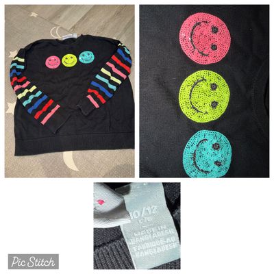 Childrens place Black long sleeve with smiley faces and rainbow sleeves 10-12