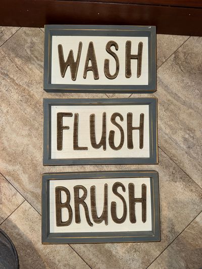 Bathroom wall hanging decor. Wash, Flush, Brush. E Bathroom wall hanging decor. Wash, Flush, Brush. Each one is 10X6